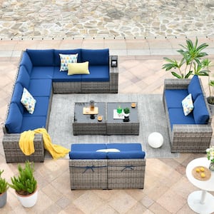 Tahoe Grey 12-Piece Wicker Wide Arm Outdoor Patio Conversation Sofa Seating Set with Navy Blue Cushions