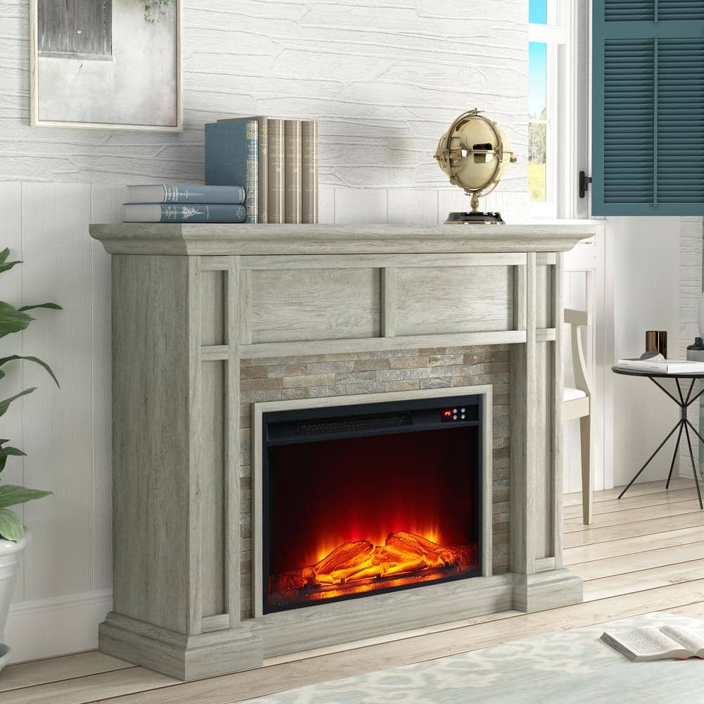 48'' Light Gray Freestanding Electric Fireplace with Realistic Flame