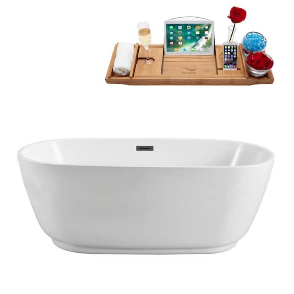 Streamline 59 in. Acrylic Flatbottom Non-Whirlpool Bathtub in Glossy White with Brushed Gun Metal Drain and Overflow Cover