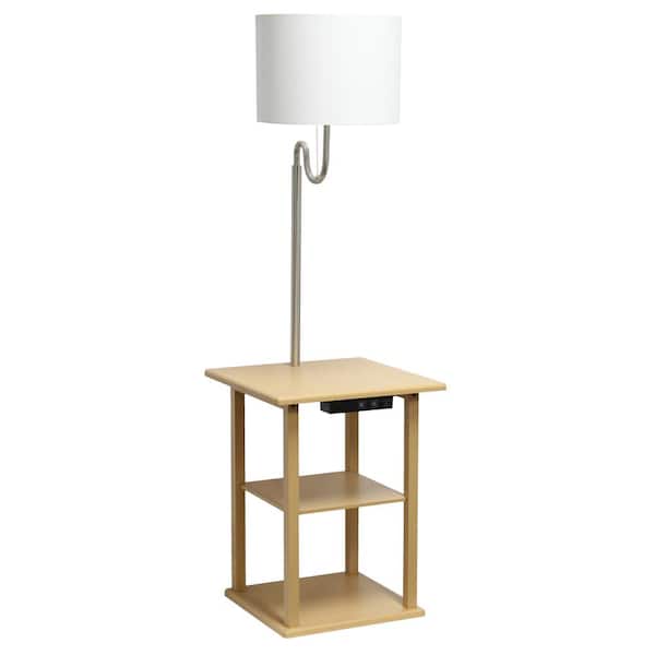 Simple Designs 57 in. Tan Standard 2-Tier Floor Lamp Combination with 2 x USB Charging Ports and Power Outlet with Fabric Shade