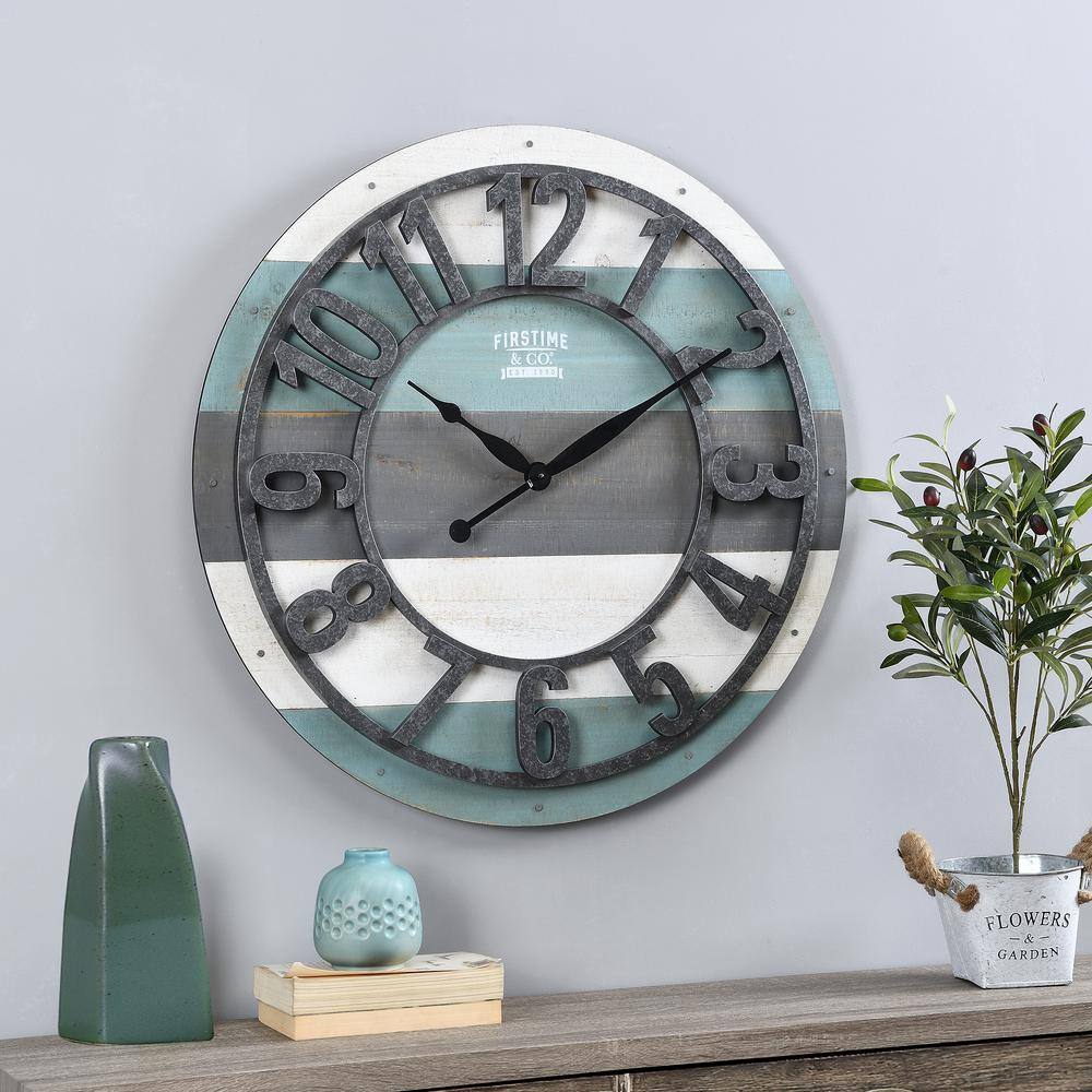Oversized Teal and Gray Wood Farmhouse Wall Clock