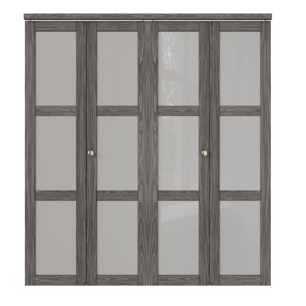 ARK DESIGN 72 in. x 80 in. 3-Lite Frosted Glass Solid Core Dark Walnut Finished MDF Interior Closet Bi-Fold Door with Hardware