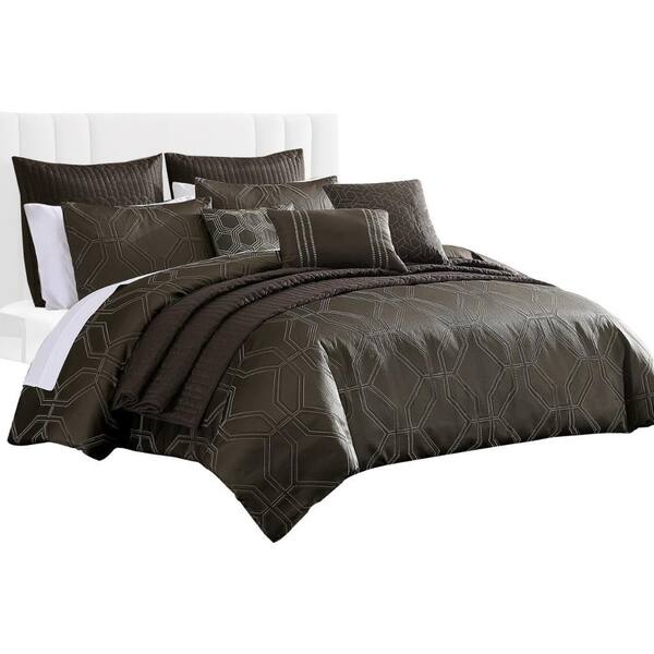 Benjara Eve 10- Piece Gray and White Geometric Polyester King Comforter Set