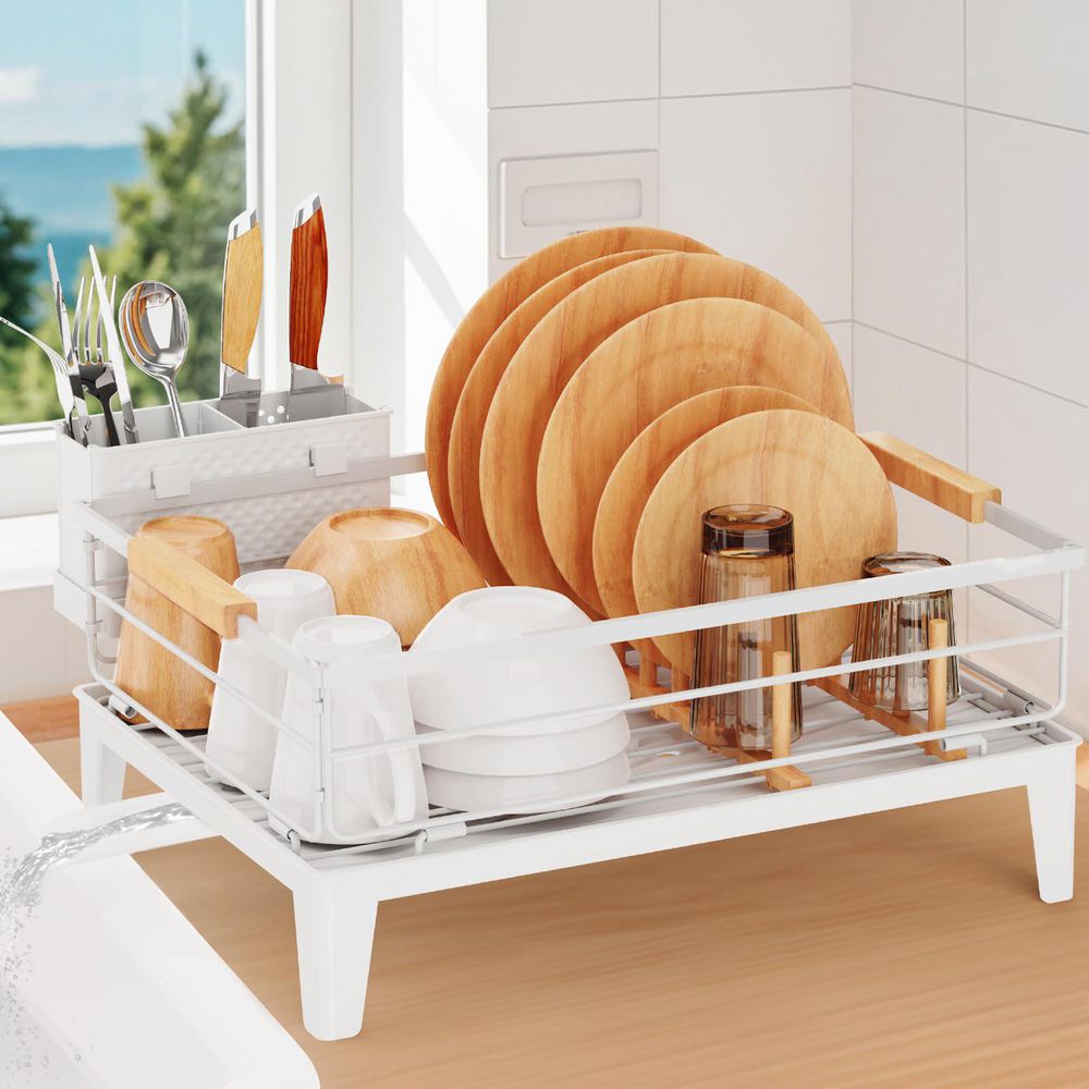 White Dish Drying Rack for Kitchen Counter with Auto-Drain Drainboard, Rustproof Dish Rack Drainers with Utensil Holder