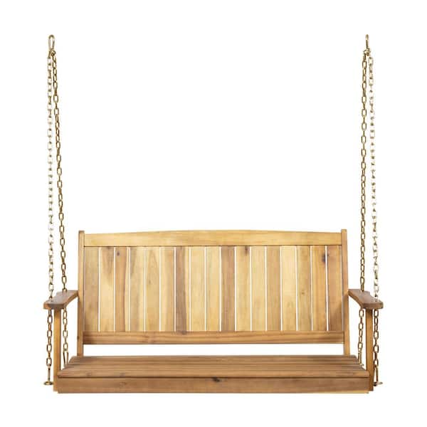 Otryad 2-Person Wood Porch Swing with Armrests, Outdoor Bench Swing with Hanging Chains for Garden&Patio&Yard in Teak