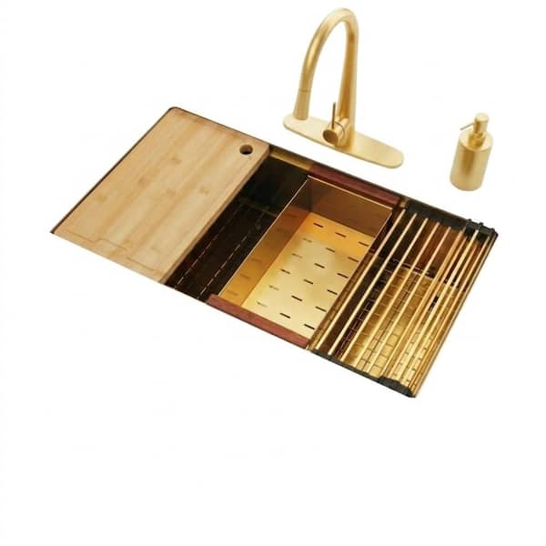 32 x 19 Inch Brushed Gold Undermount Single Bowl Kitchen Sink - 16 Gauge Stainless Steel Workstation