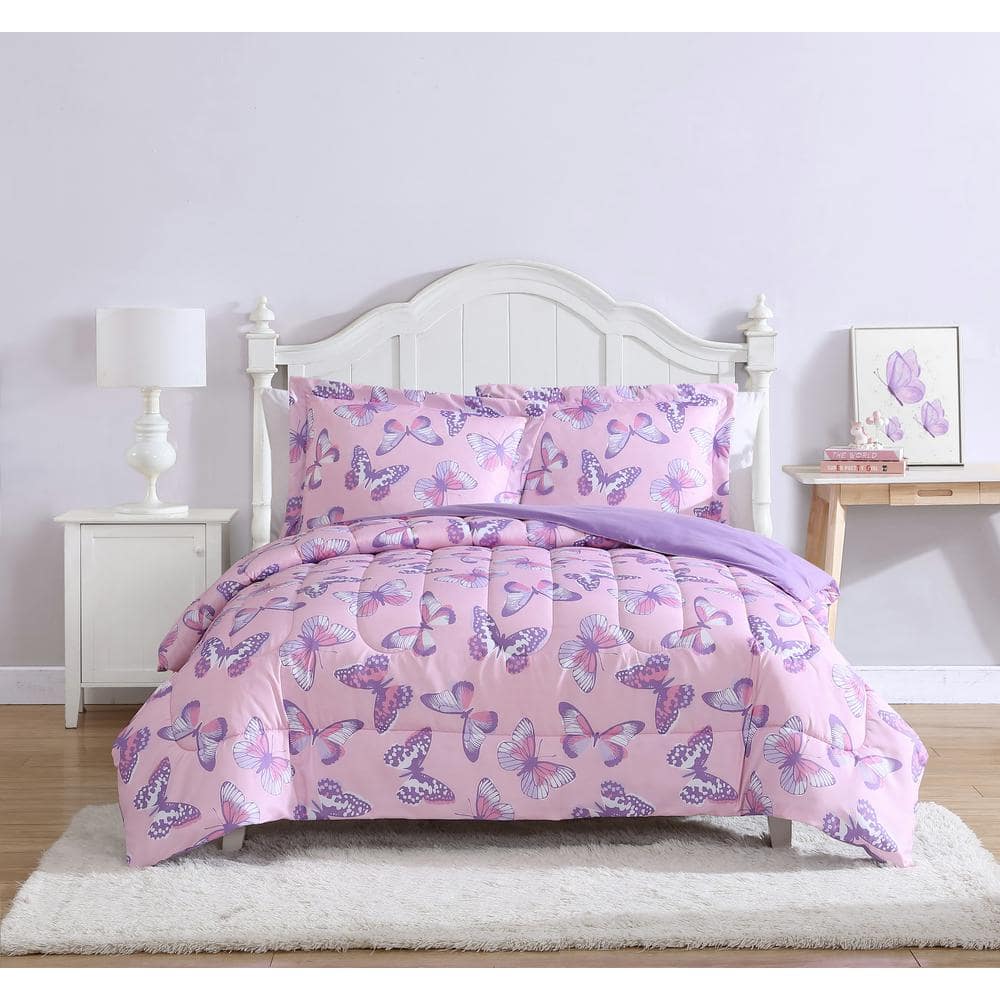 Pink and Purple Butterfly Twin Microfiber Comforter Set