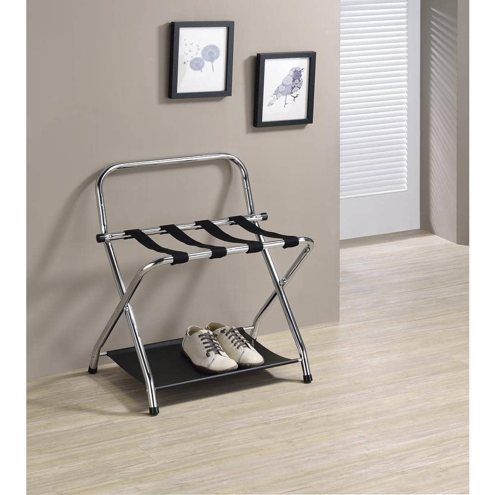 Chrome Folding Luggage Rack with Black Nylon Straps and Storage Shelf