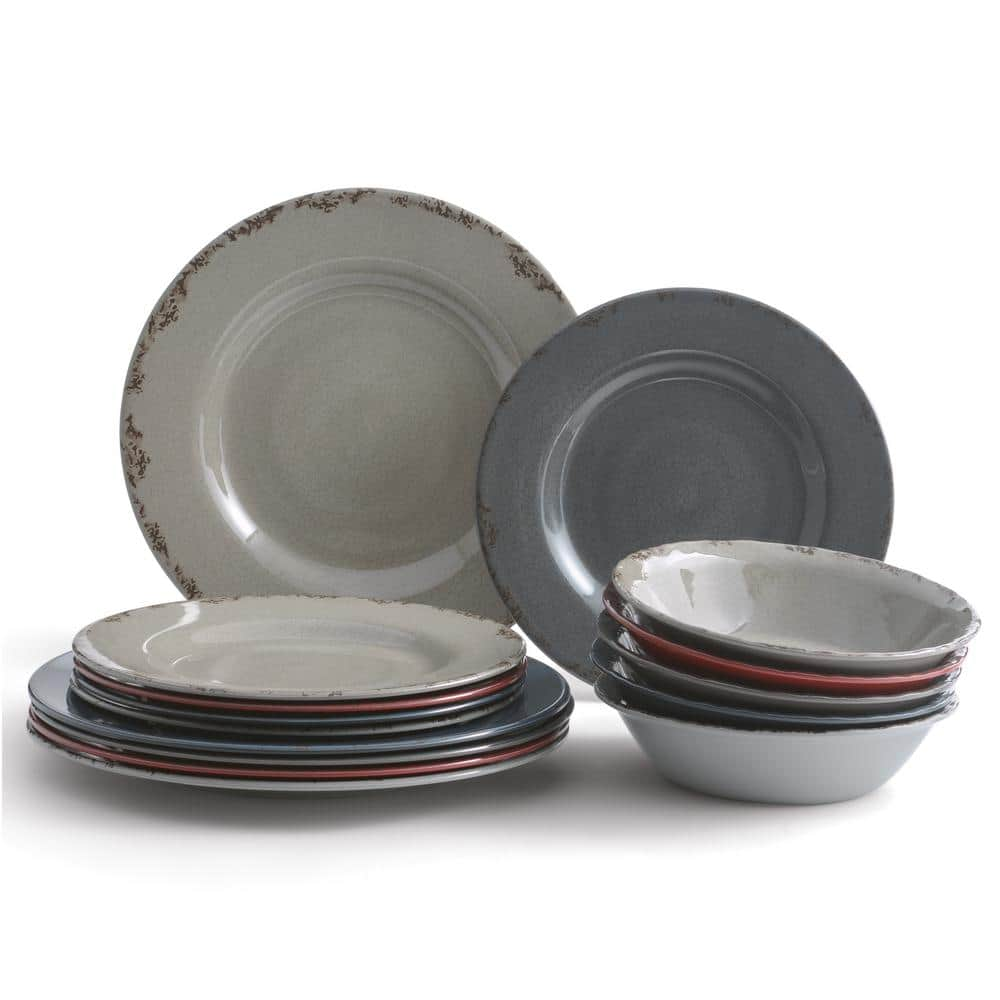 222 Fifth 12Piece Rhinebeck Casual Rustic Melamine Dinnerware Set