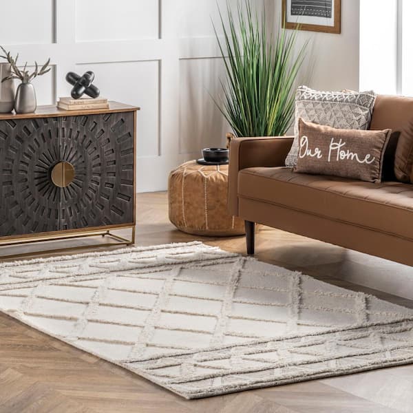 Kenna Wool Shaggy High-Low Geometric Trellis Ivory 6 ft. x 9 ft. Area Rug