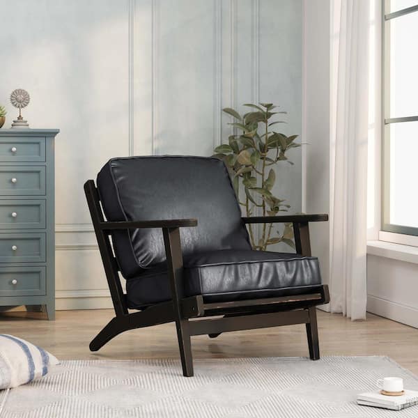 ATHMILE Black Mid-Century PU Leather Solid Wood Accent Chair with Removable Cushion (Set of 1)