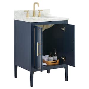 Exeter 24 in. W x 21 in. D x 34 in. H Single Sink Bath Vanity in Navy with Carrara Marble Top and Ceramic Basin