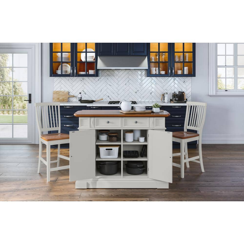 Americana Off-White Distressed Oak Kitchen Island Set with Stools