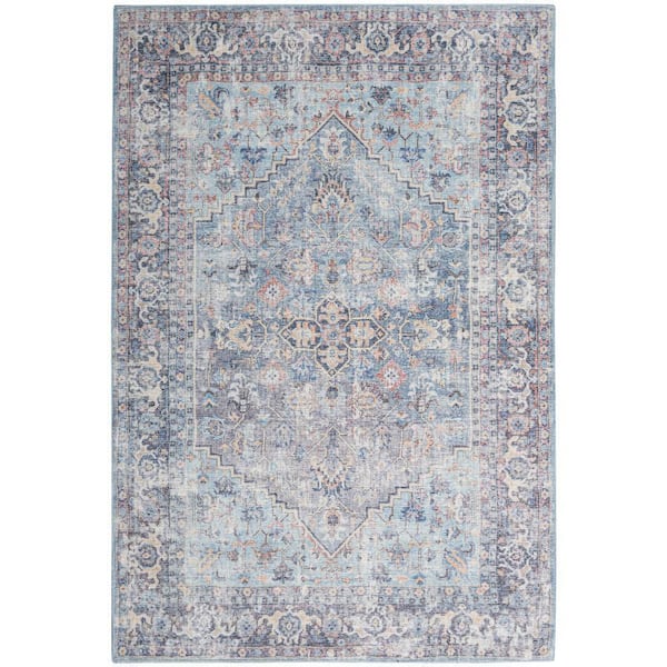 57 Grand Machine Washable Light Grey/Blue 8 ft. x 10 ft. Bordered Traditional Area Rug