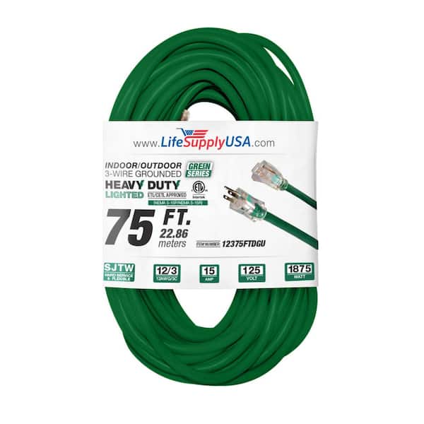 LifeSupplyUSA 75 ft. 12/3 SJTW 15 Amp 125-Volt 1875-Watt Dark Green Indoor/Outdoor Heavy-Duty with Lighted End Extension Cord