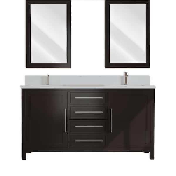 Urban Woodcraft Acadian 63 in. Double Sink, Engineered Stone in White Top Material, with Mirror Bathroom Vanity, in Espresso