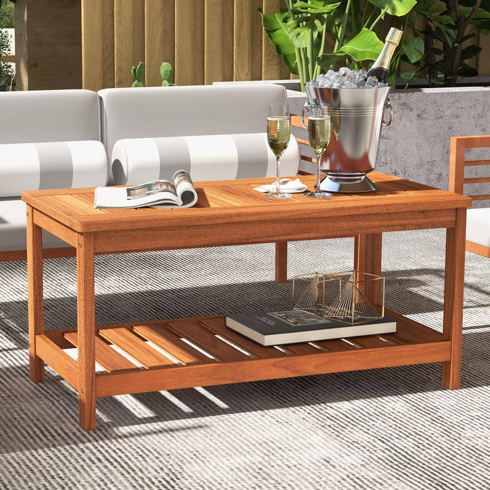 Natural Hardwood 2-Tier Outdoor Coffee Table with Slatted Shelf