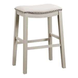 Farmhouse Style 29 in. Wood Saddle Bar Stool in Linen Fabric with White-washed Finish (set of 2) Included