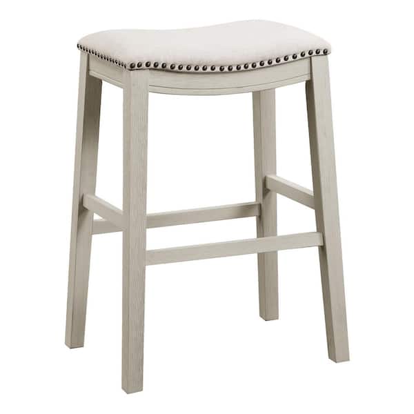 OSP Home Furnishings Farmhouse Style 29 in. Wood Saddle Bar Stool in Linen Fabric with White-washed Finish (set of 2) Included