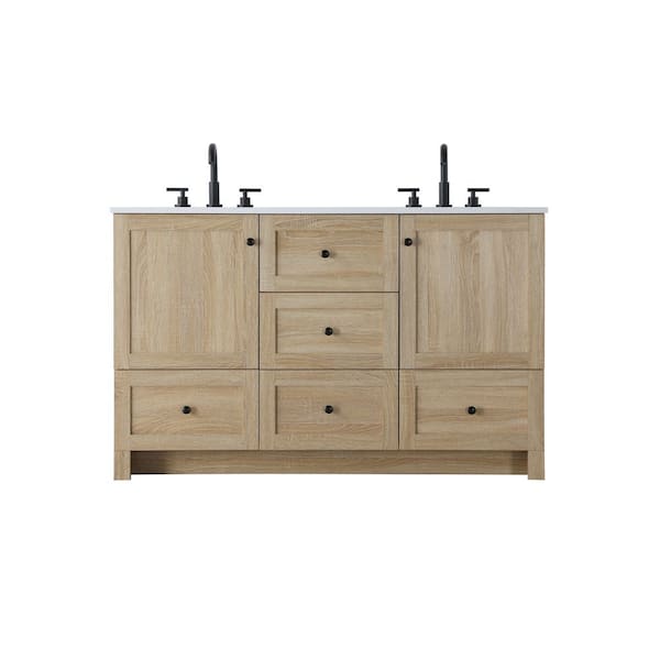 54 in. Double Sink Mango Wood Bath Vanity with White Engineered Marble Top