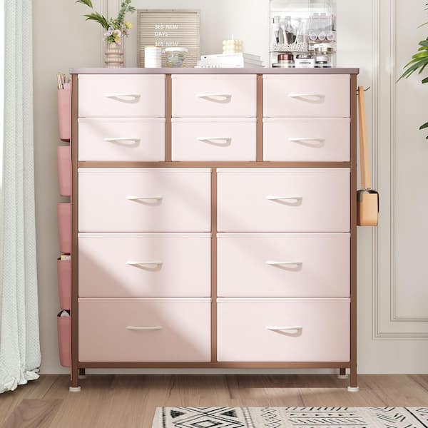 Pink Wood Top 12 Drawer 38.9 in. W Chest of Drawers Storage Cabinet Dresser Organizer Unit with Side Pockets and Hooks
