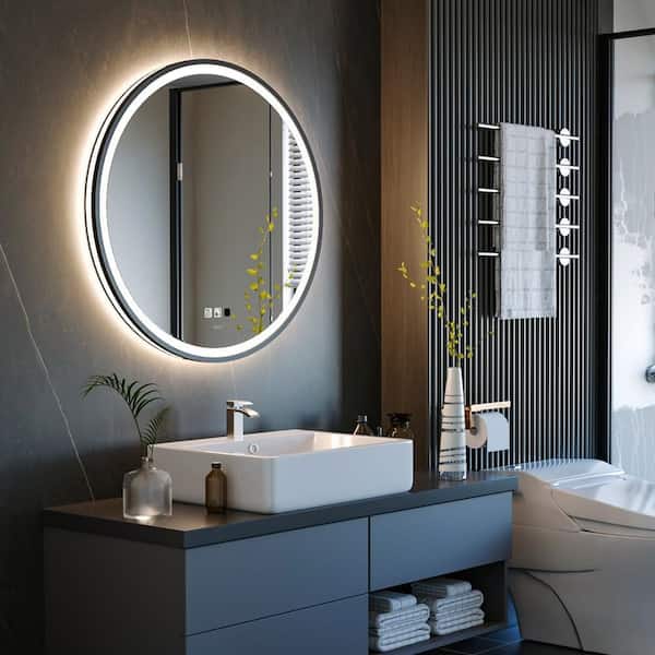 24 in. W x 24 in. H Large Round Framed Anti-Fog Body Sensor Wall Mount Bathroom Vanity Mirror in Silver