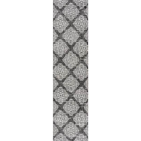 Tuscany Ornate Medallions Black/Ivory 2 ft. x 8 ft. Indoor/Outdoor Runner Rug