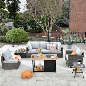 Hippish Gray 8-Piece Wicker Outdoor Patio Fire Pit Table Conversation Seating Set with Gray Cushions