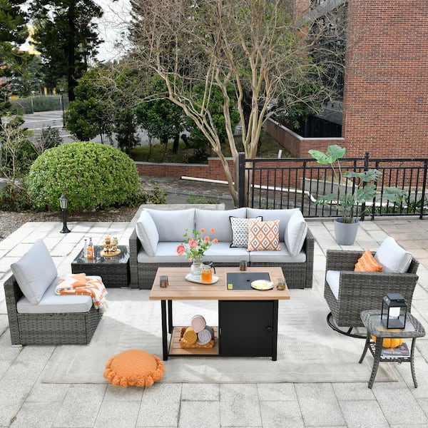 OVIOS Hippish Gray 8-Piece Wicker Outdoor Patio Fire Pit Table Conversation Seating Set with Gray Cushions