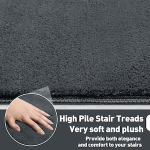 Plush Dark Gray 9.5 in. x 30 in. x 1.2 in. Bullnose Polyster Carpet Stair Tread Cover Landing Mat Tape Free Set of 15