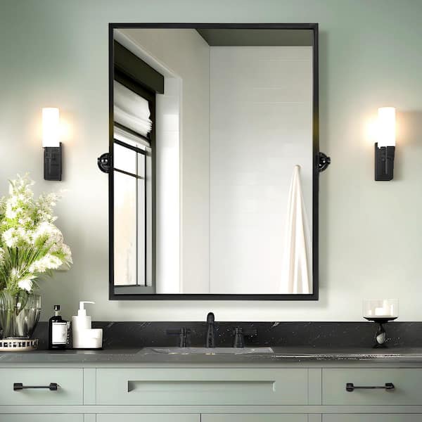 Lirago 24 in. W x 32 in. H Rectangular Metal Framed Pivoted Bathroom Wall Vanity Mirror in Black
