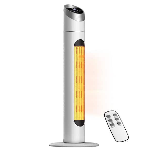 1500W 34" Tower Space Heater for Indoor Use, Remote Control, Adjustable Thermostat, Oscillating, 12H Timer, White