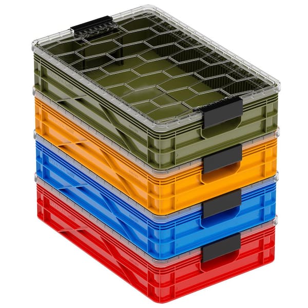 Quarter Crate 4-Pack Heavy Duty Stackable Storage Bins with Lids and Dividers Utility
