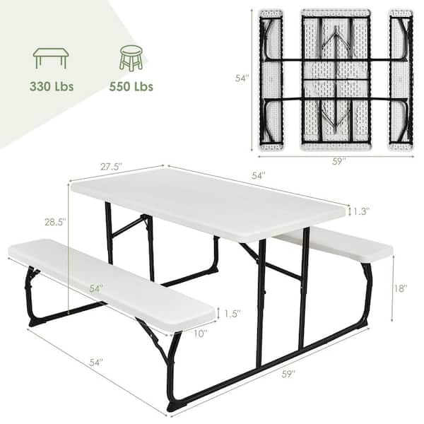 Costway White Foldable Metal Bench Set Picnic Outdoor