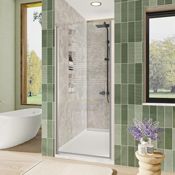 ANGELES HOME 34-35 3/8 in. W x 72 in. H Pivot Frameless Shower Door in Chrome with 1/4 in. SGCC Tempered Glass, Easy Install System
