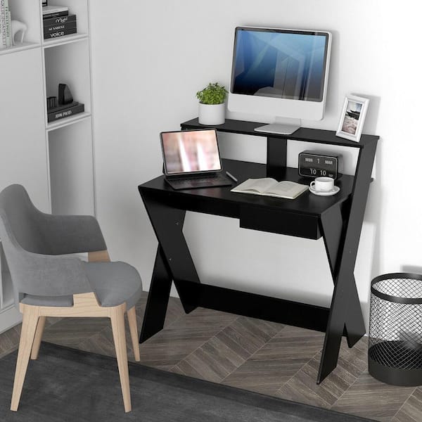 35.5 in. Black Computer Desk Study Writing Table Small Space with Drawer and Monitor Stand