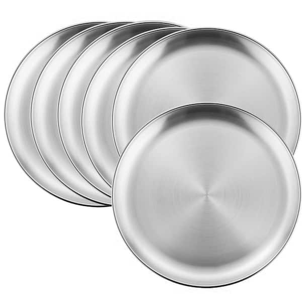 6-Pieces 18/8 Stainless Steel 10 in. Dinner Plates, Feeding Serving Camping Plates, Reusable and Dishwasher Safe
