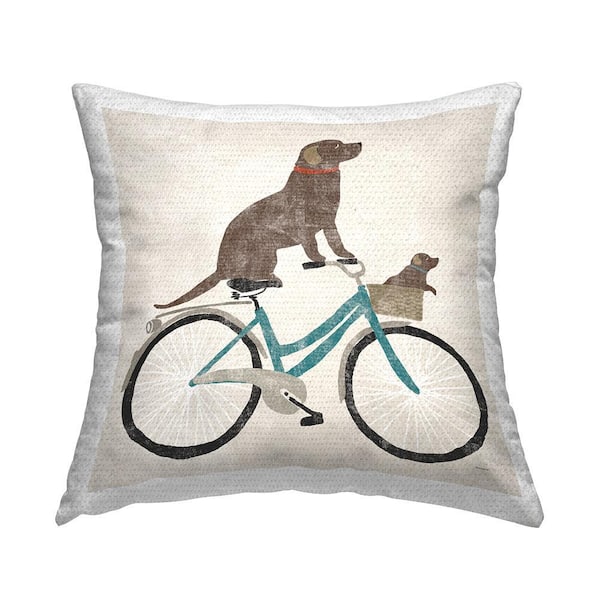 Dogs Riding Blue Bicycle Brown Square Outdoor Throw Pillow
