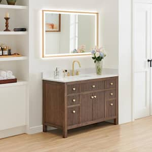 Cerrito 48 in. Single Sink Freestanding Brown Oak Bath Vanity with Grain White Engineered Stone Top Assembled and Mirror