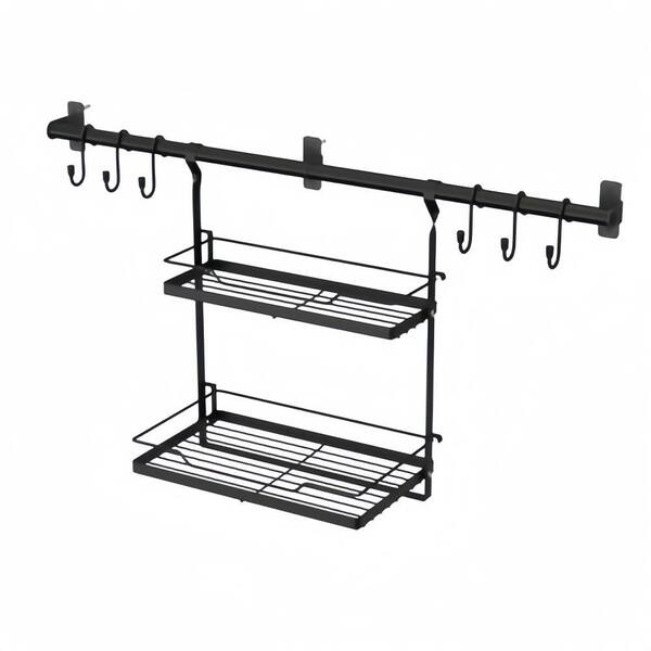 2-Tier Wall Mounted Metal Utensil Hanger with Hooks, Towel Bar and Spice Rack for Kitchen Storage, Matte Black