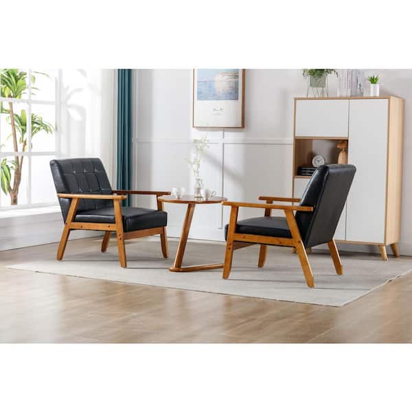 Zeus & Ruta 3-Piece Wood Outdoor Indoor Accent Chaise Lounge Chairs with 1 Side Table, Black Cushions for Living Room, Bedroom