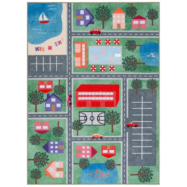 SAFAVIEH Kids Playhouse Green/Charcoal Doormat 3 ft. x 5 ft. Machine Washable Novelty Area Rug