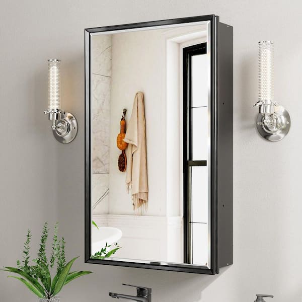 Musey 16 in W x 26 in H Black Rectangular Aluminum Medicine Cabinet with Beveled Mirror and Shelves, Recessed or Surface