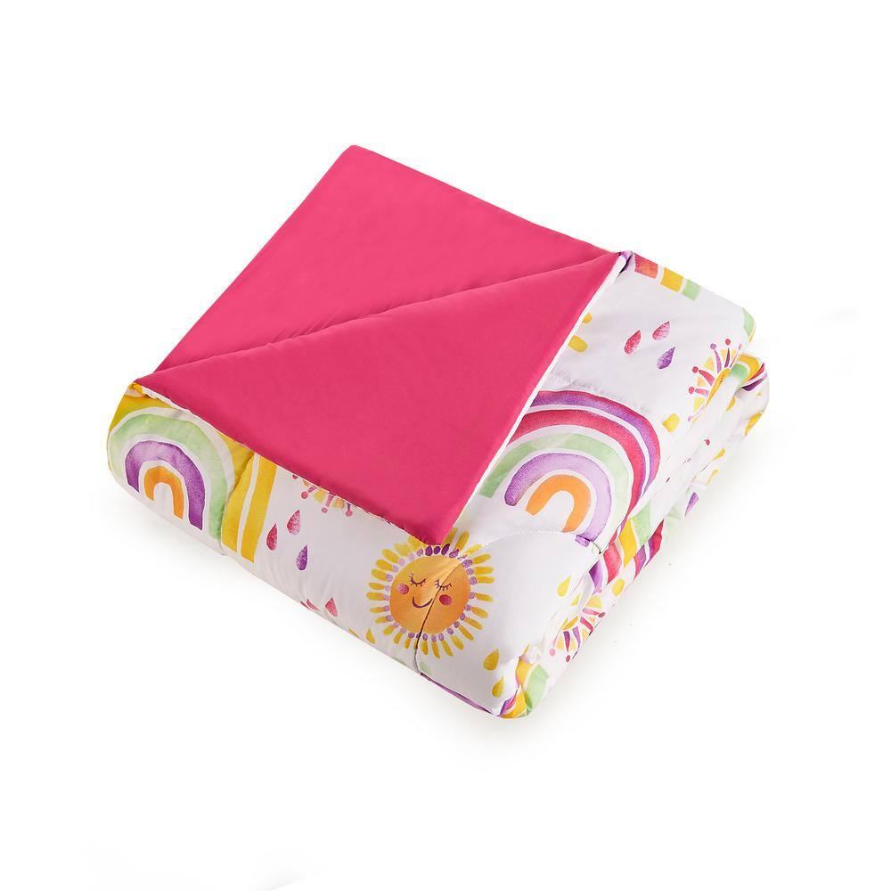 Full Pink Microfiber Reversible Comforter Set with Rainbows and Suns