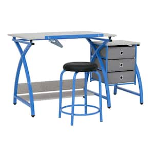 50 in. 2-Piece Rectangular Blue Comet Center Plus Writing Desk with Adjustable Top, 3-Pull-Out Drawers and Stool