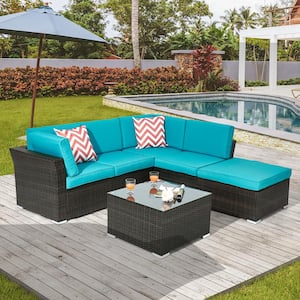 4-Piece Patio Conversation Sofa Sets PE Wicker Rattan, with Lake Blue Cushions Tempered Glass Table