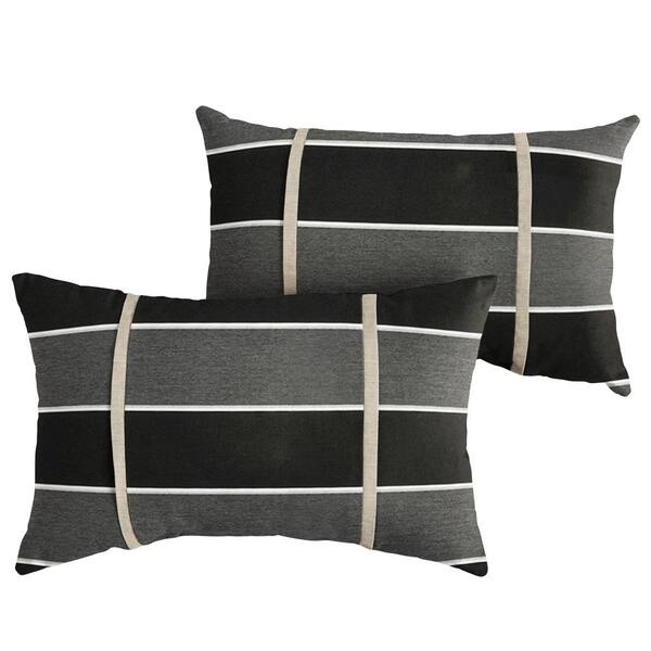 SORRA HOME Sunbrella Black Grey Stripe with Silver Grey Rectangular Outdoor Knife Edge Lumbar Pillows (2-Pack)