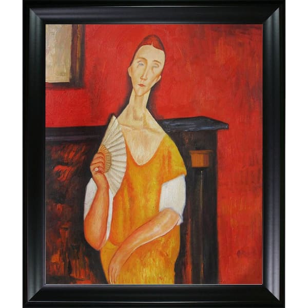 LA PASTICHE Woman With A Fan by Amedeo Modigliani Black Matte Framed People Oil Painting Art Print 25 in. x 29 in.