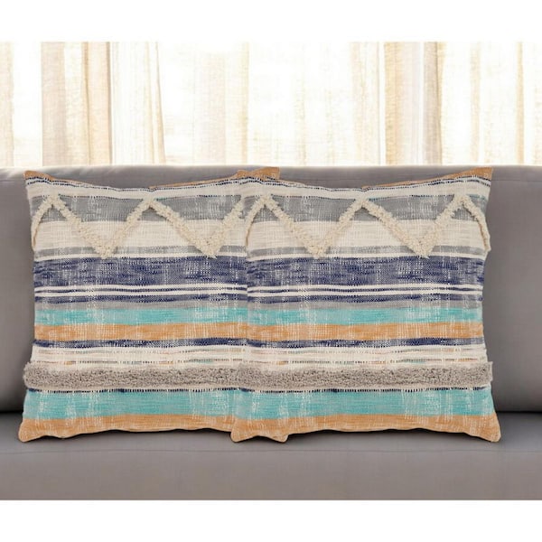 Blue Striped Polyester 18 in. x 18 in. Throw Pillow (Set of 2)