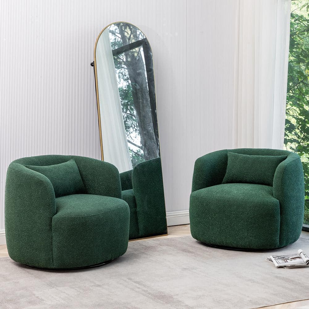 Green Boucle Swivel Barrel Armchair Set with Wood Frame